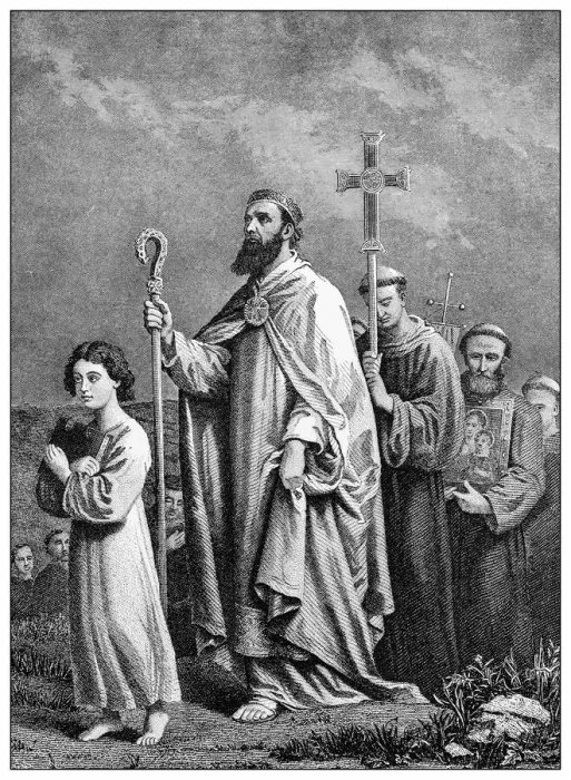 Framed Print : Antique illustration of important people of the past: St Patrick journeying to Tara