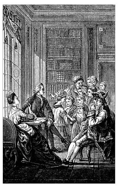 Antique illustration of large family indoor