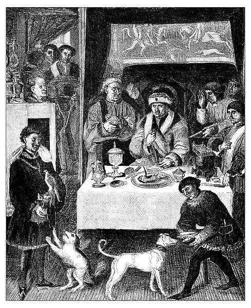 Antique illustration of lunch of a 16th century Flemish gentleman