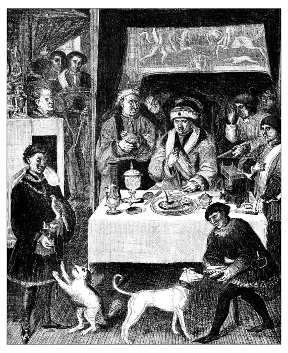 Framed Print : Antique illustration of lunch of a 16th century Flemish gentleman Framed Print : Antique illustration of lunch of a 16th century Flemish gentleman