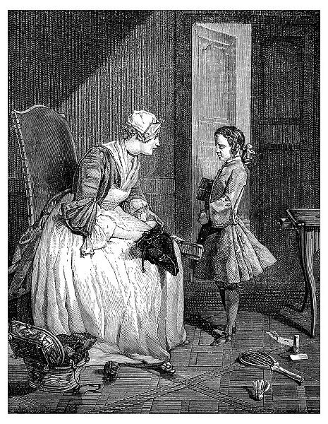 Antique illustration of maid and boy