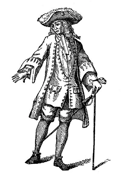 Antique illustration of man with sword and cane