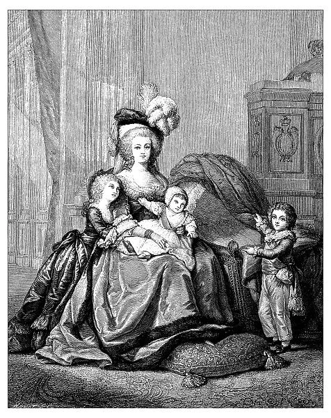 Antique illustration of Marie Antoinette and children