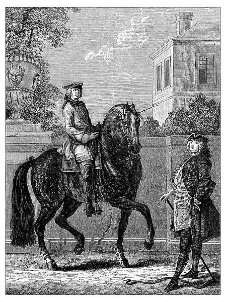 Antique illustration of men with horse
