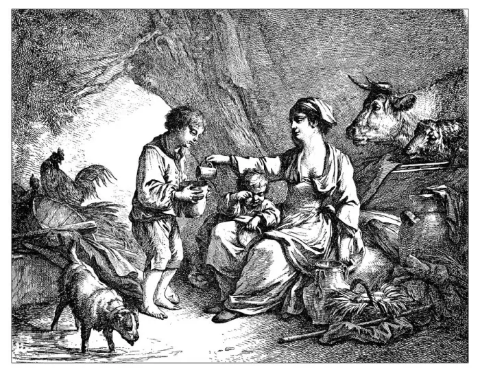 Framed Print : Antique illustration of milkwoman giving milk to kids