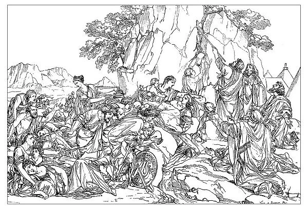 Antique illustration of Moses striking the rock in Horeb