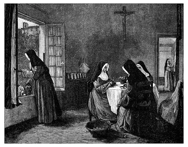 Antique illustration of nuns peeling fruits