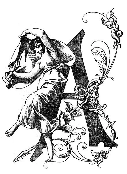 Antique illustration of ornate capital letter A