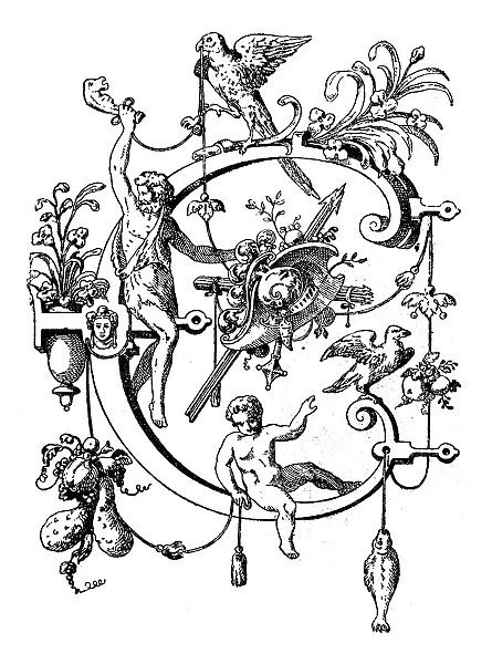 Antique illustration of ornate capital letter C