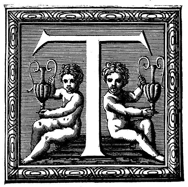 Antique illustration of ornate capital letter t