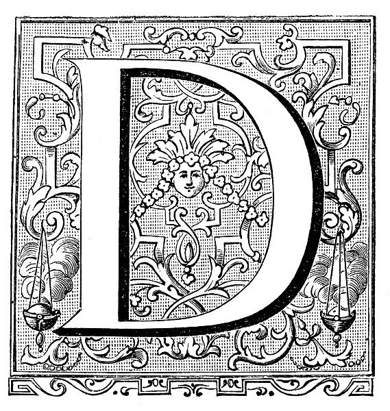 Antique illustration of ornate letter D