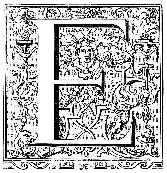 Antique illustration of ornate letter E