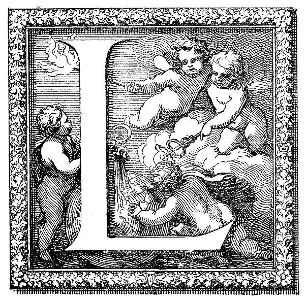 Antique illustration of ornate letter L, with four little angels