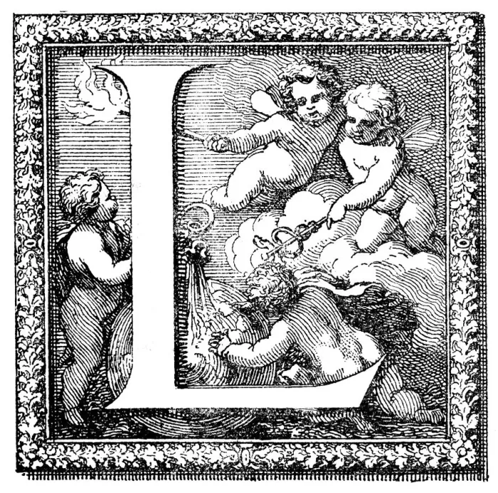 Framed Print : Antique illustration of ornate letter L, with four little angels Framed Print : Antique illustration of ornate letter L, with four little angels