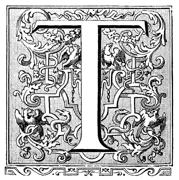 Antique illustration of ornate letter T