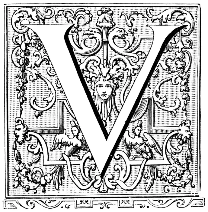 Framed Print : Antique illustration of ornate letter V