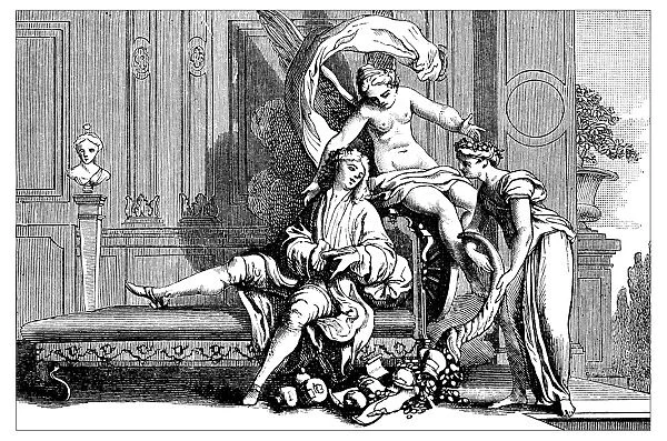 Antique illustration of people with angel and cornucopia