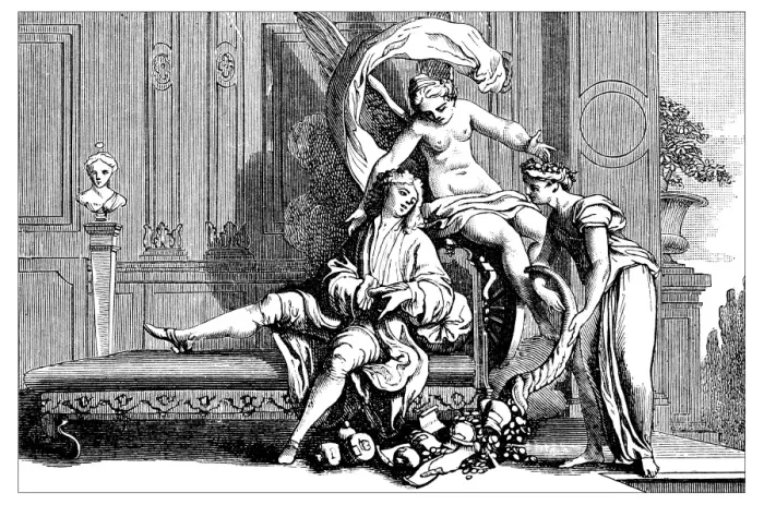 Framed Print : Antique illustration of people with angel and cornucopia Framed Print : Antique illustration of people with angel and cornucopia