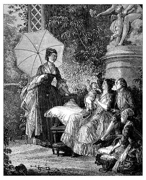 Antique illustration of people in the garden