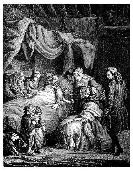 Antique illustration of people indoor close to bed
