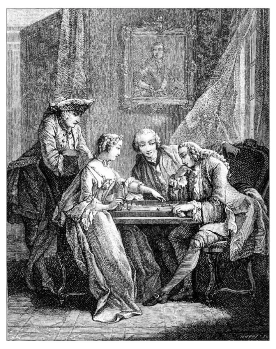 Framed Print : Antique illustration of people indoor playing game Framed Print : Antique illustration of people indoor playing game