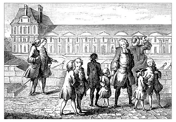Antique illustration of people visiting palace
