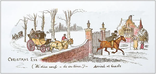 Antique illustration by Randolph Caldecott: Arrival of guests