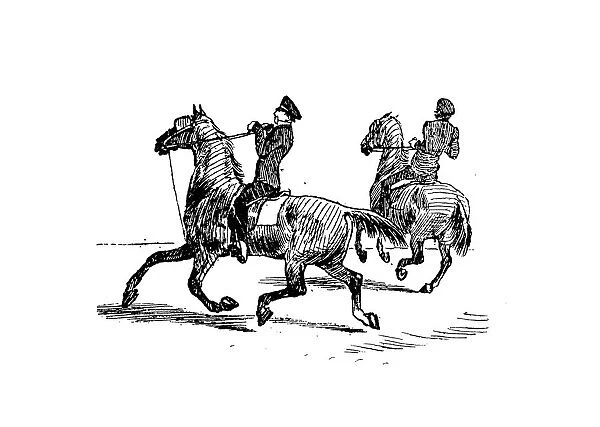 Antique illustration by Randolph Caldecott: Man on horses