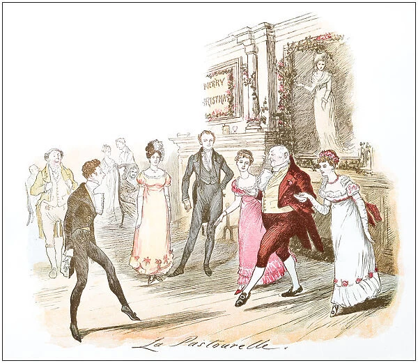 Antique illustration by Randolph Caldecott: Christmas ball dancing
