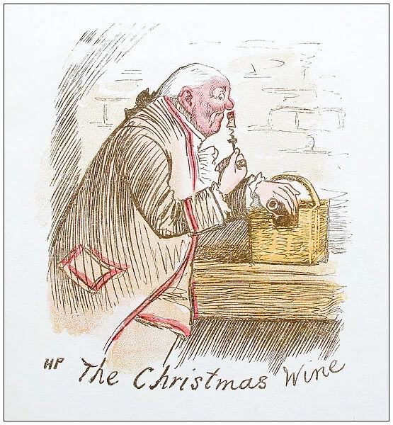 Antique illustration by Randolph Caldecott: Smelling wine cork