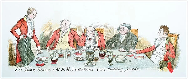 Antique illustration by Randolph Caldecott: Dinner with friends