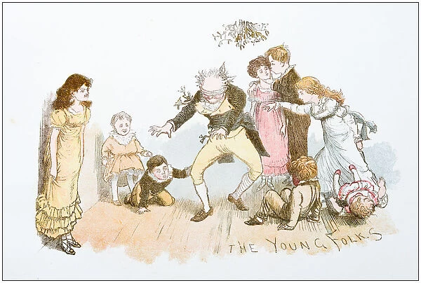Antique illustration by Randolph Caldecott: Playing with grandpa
