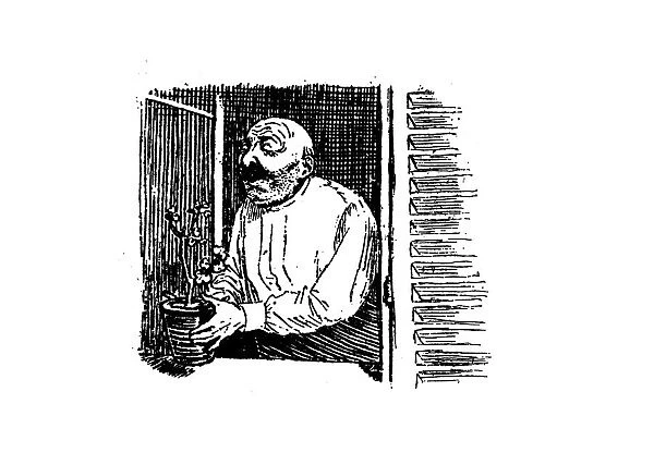Antique illustration by Randolph Caldecott: Man with vase on window