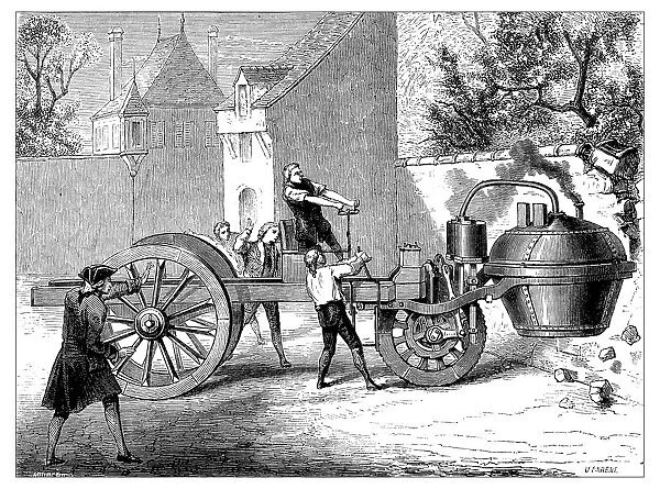 Antique illustration of scientific discoveries: Steam powered car