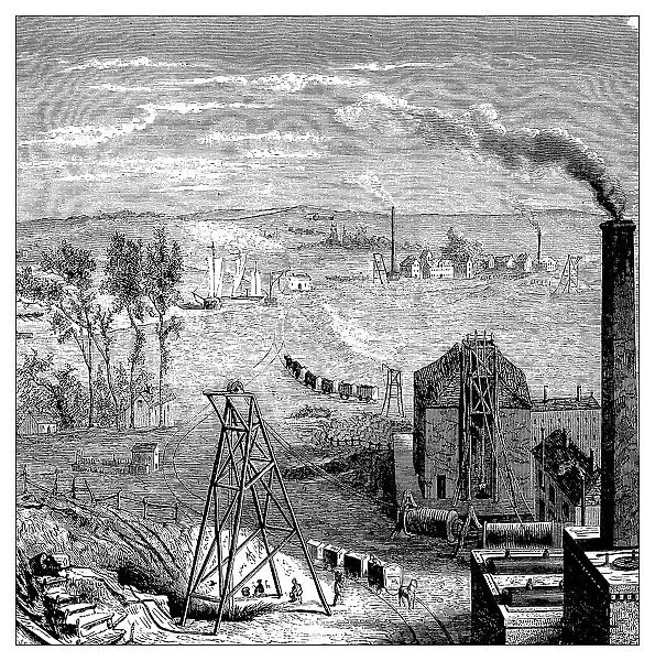Antique illustration of scientific discoveries: Steam power coal mine train