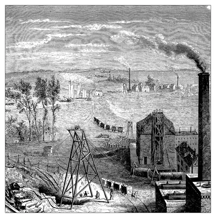 Framed Print : Antique illustration of scientific discoveries: Steam power coal mine train Framed Print : Antique illustration of scientific discoveries: Steam power coal mine train