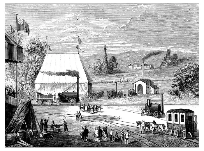 Framed Print : Antique illustration of scientific discoveries: Steam power locomotive