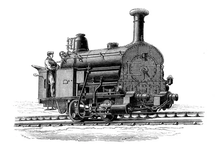 Framed Print : Antique illustration of scientific discoveries: Steam power locomotive Framed Print : Antique illustration of scientific discoveries: Steam power locomotive