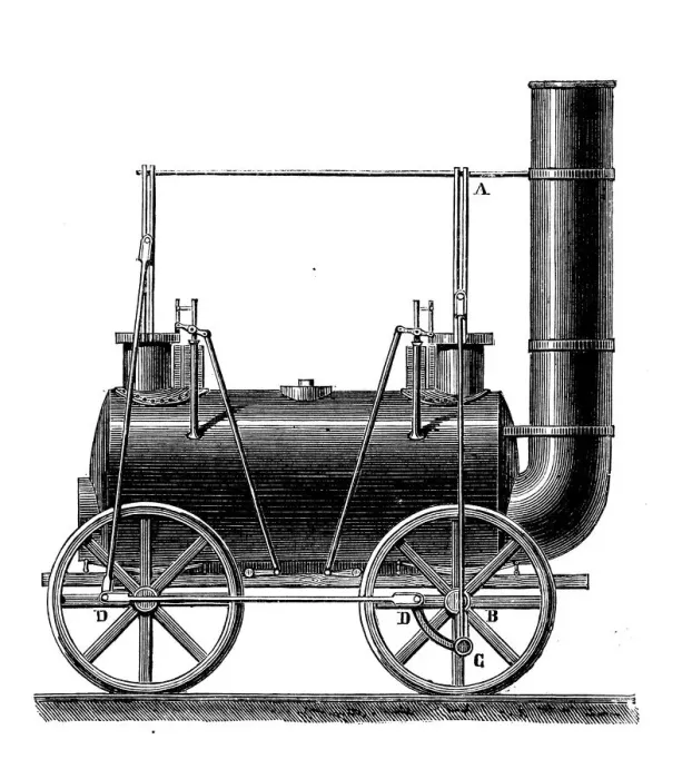 Framed Print : Antique illustration of scientific discoveries: Steam power locomotive