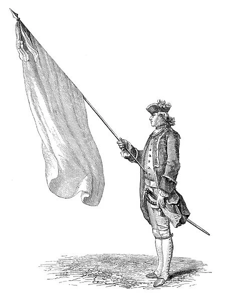 Antique illustration of soldier with large flag
