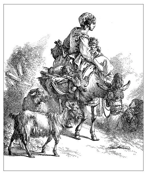 Antique illustration of woman with baby riding a donkey
