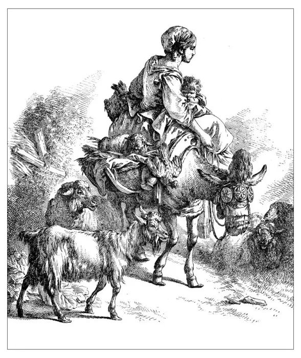 Framed Print : Antique illustration of woman with baby riding a donkey