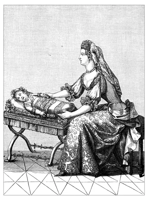 Framed Print : Antique illustration of woman changing baby Framed Print : Antique illustration of woman changing baby