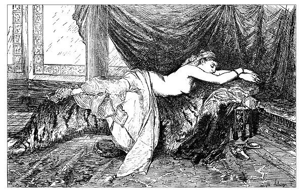 Antique illustration of woman resting on a cot
