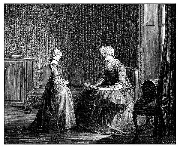 Antique illustration of woman teaching girl