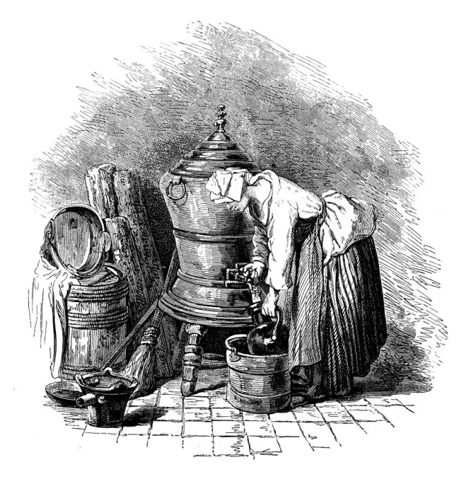 Framed Print : Antique illustration of woman working filling vase Framed Print : Antique illustration of woman working filling vase