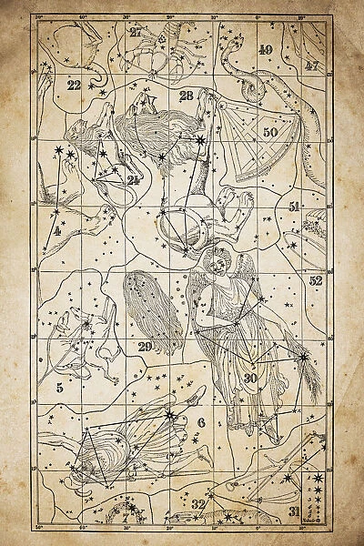 Antique illustration on yellow aged paper: zodiac astrology constellations (series 12)