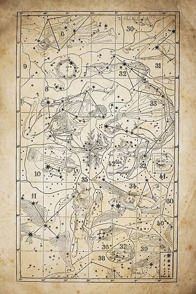 Antique illustration on yellow aged paper: zodiac astrology constellations (series 2)