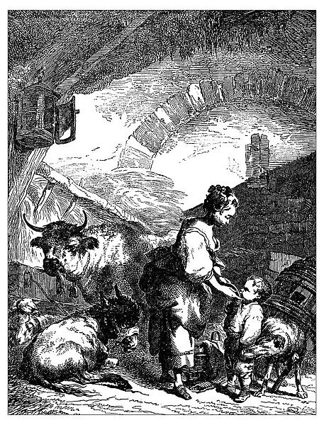Antique illustration of young shepherdess and kid in the stable