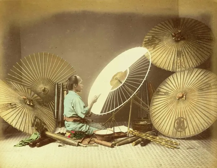 Framed Print : Antique Japan, making parasols, umbrellas, in a small workshop, c. 1880, Japan, Historic, digitally restored reproduction from an original of the period Framed Print : Antique Japan, making parasols, umbrellas, in a small workshop, c. 1880, Japan, Historic, digitally restored reproduction from an original of the period